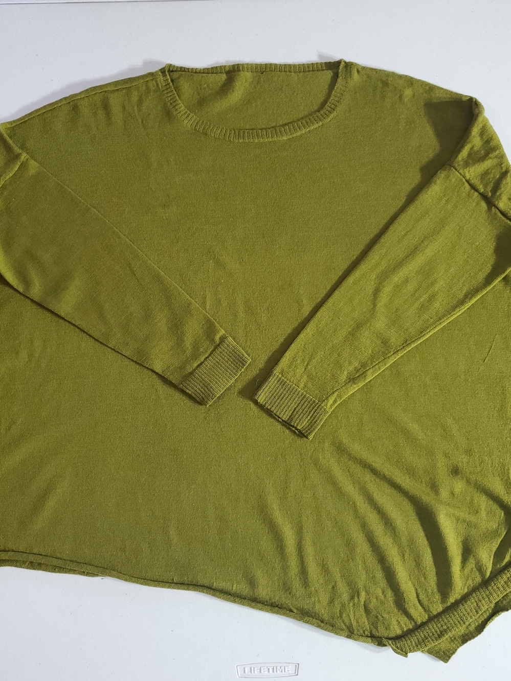 Eileen Fisher L/XL Olive Green Crewneck Asymmetrical Wool Sweater